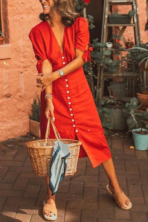 Deep V-Neck Puff Sleeve Tie Cuff Button Front Wide Waistband A-Line Midi Dress