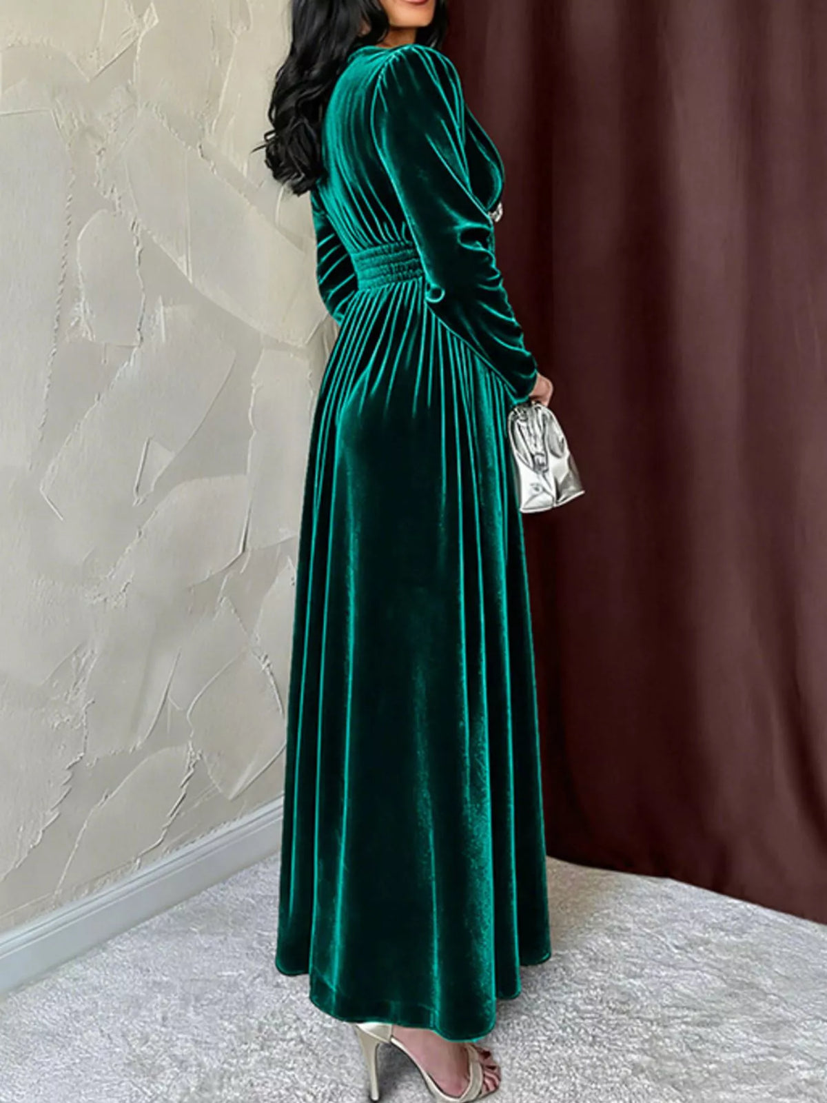 Velvet V-Neck Long Sleeve Lace Trim Empire Waist Maxi Dress 4