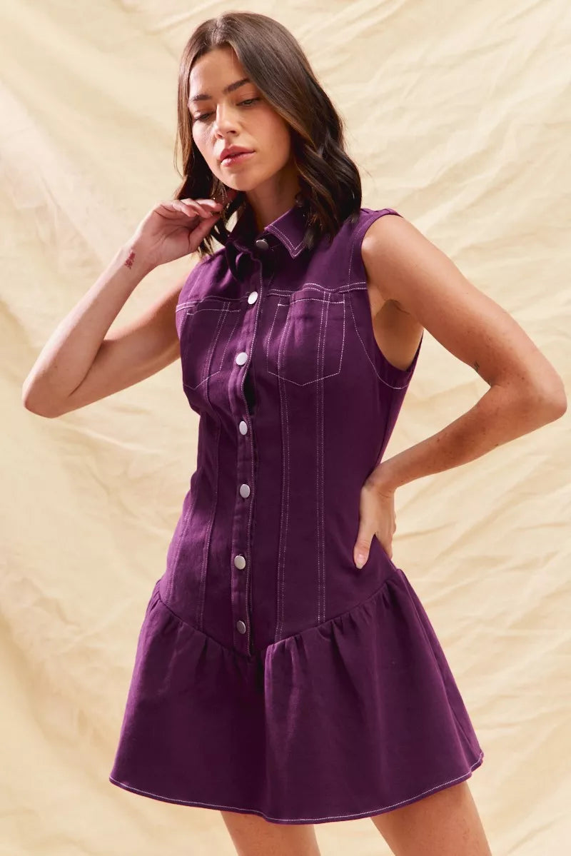 Contrast Stitch Collared Sleeveless Button Front Drop Waist Mini Dress 7