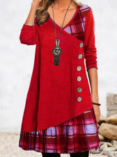 Plaid Patchwork V-Neck Long Sleeve Button Front Tunic Dress 10