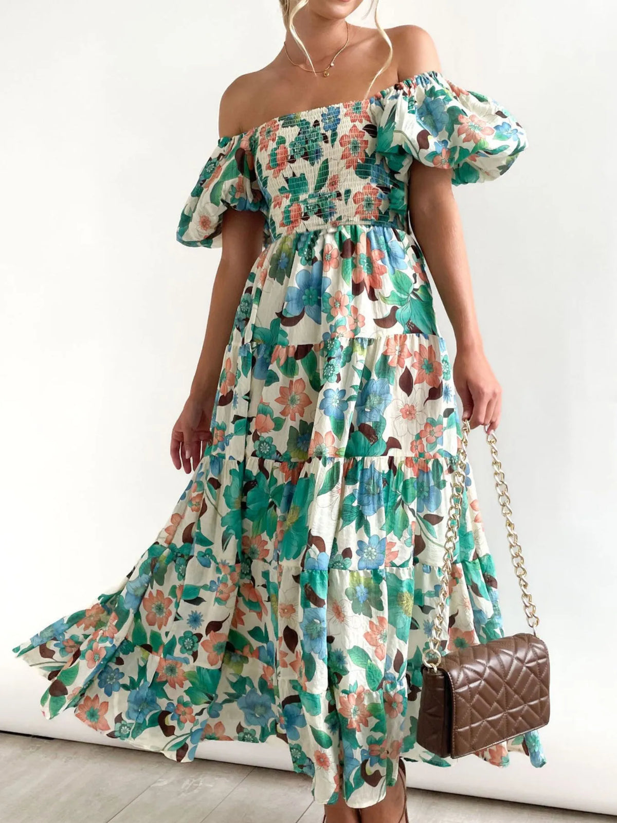 Floral Off Shoulder Smocked Puff Sleeve Tiered Maxi Dress