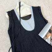 Faux Two Piece Denim Sleeveless Ruffle Trim A-Line Midi Dress 4