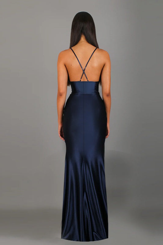 Satin V-Neck Slit Party Dress 4