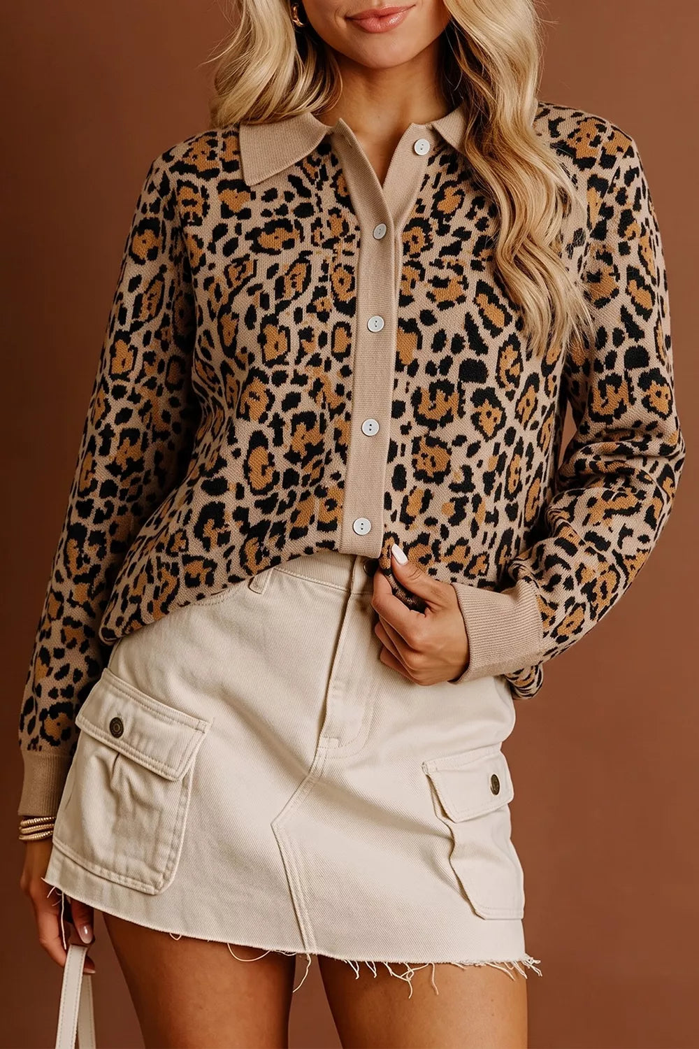 Leopard Print Collared Button Front Long Sleeve Knit Cardigan
