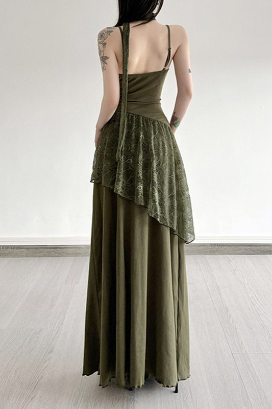 Lace Trim Sheer Waist Tie Cami Maxi Lace Dress 4