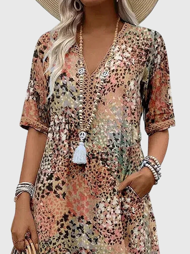 Animal Print V-Neck Short Sleeve Pocket Midi Dress