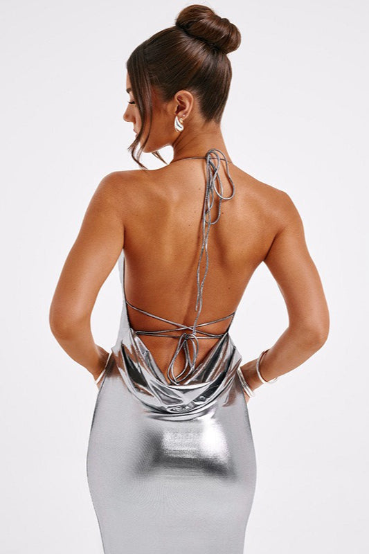 Metallic Spaghetti Strap Ruched Bodycon Fishtail Maxi Dress