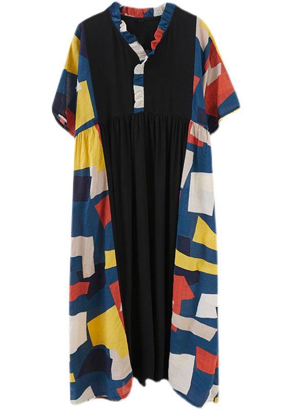Colorblock Patchwork Ruffle Collar Button Front Empire Waist Maxi Dress