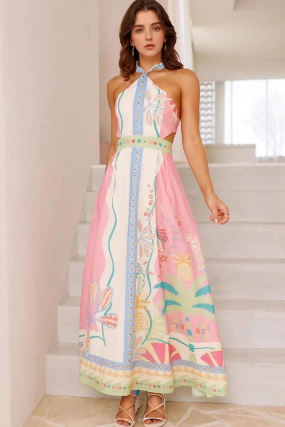 Tropical Print Halter Neck Side Cut Out A-Line Maxi Dress
