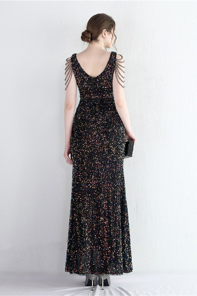 Sequin V-Neck Beaded Fringe High Split Mermaid Gown