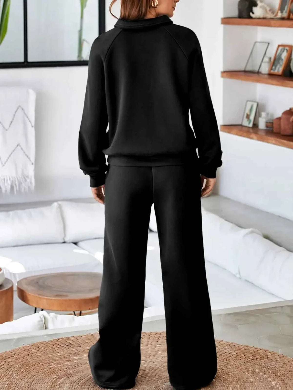 Collared Button Placket Sweatshirt and Seam Front Wide Leg Pants Two Piece Set 24