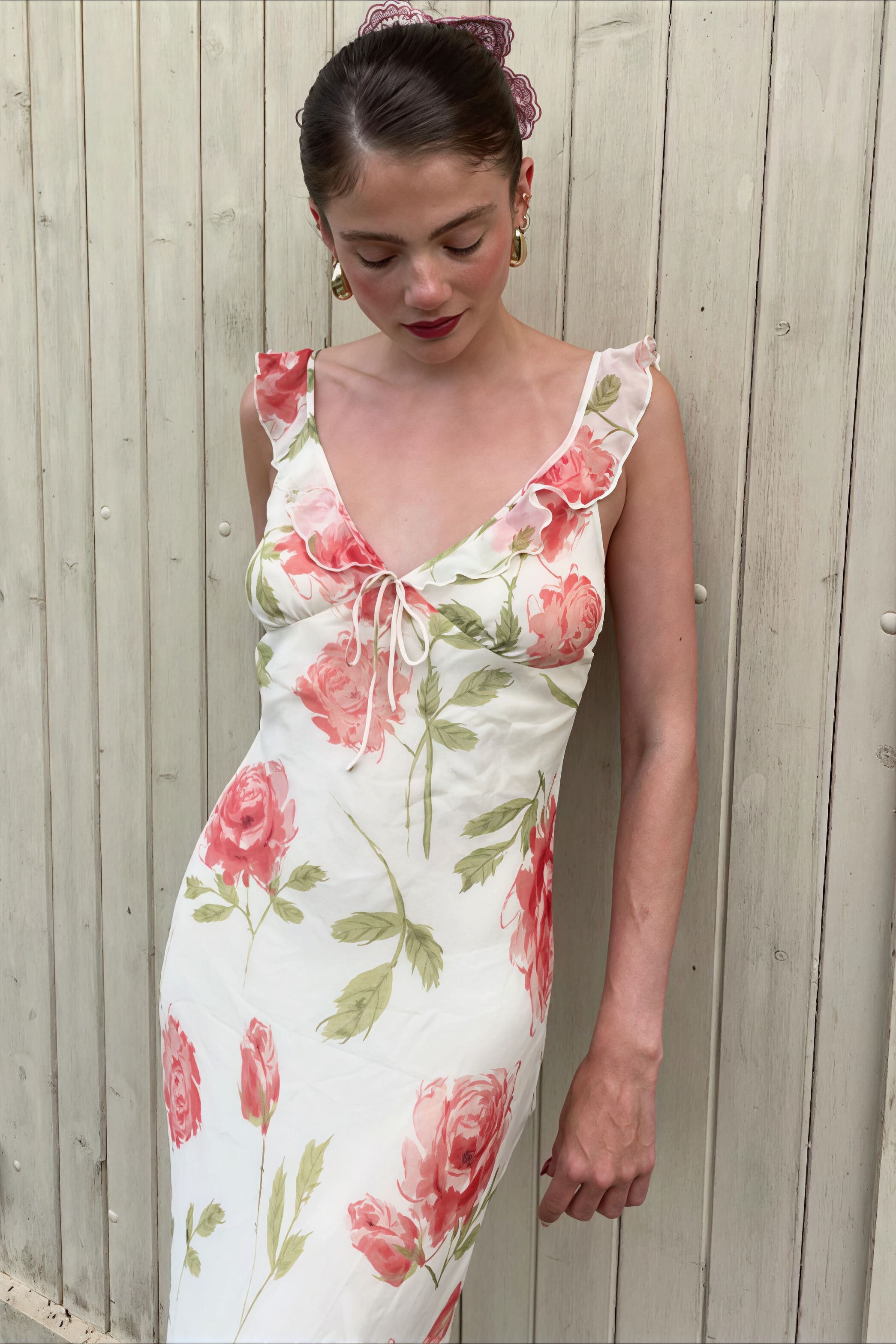 Floral Print Mesh V Neck Cami Midi Dress