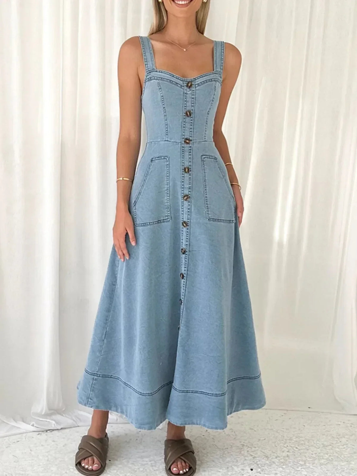 Denim-Look Sweetheart Neck Wide Strap Button Front Pocket Maxi Dress 2