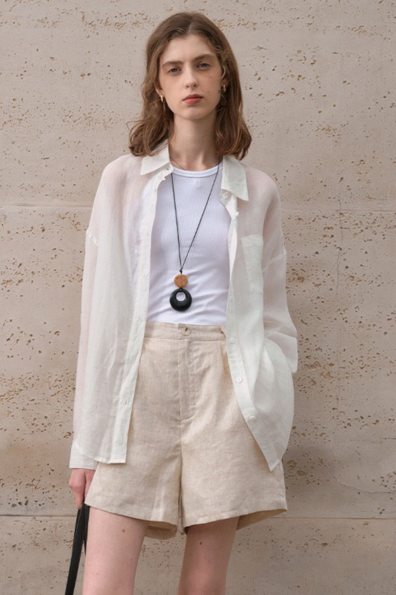 Elegant Sheer Linen Collared Long Sleeve Top