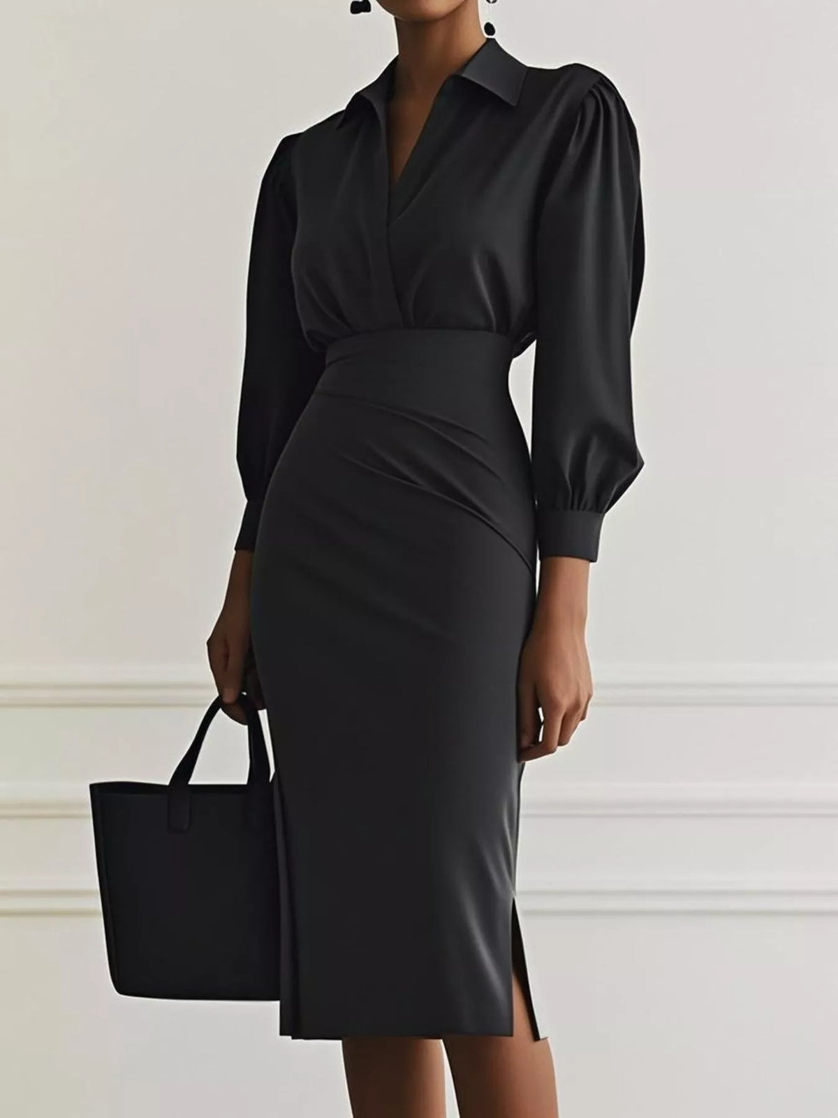Collared V-Neck Puff Sleeve Ruched Side Slit Midi Shirt Dress