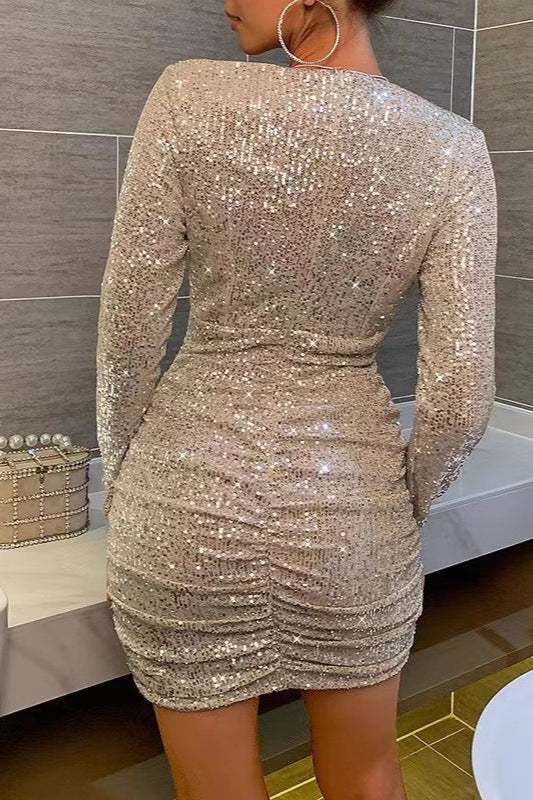 Long Sleeve VNeck Ruched Sequin Sequin Dress