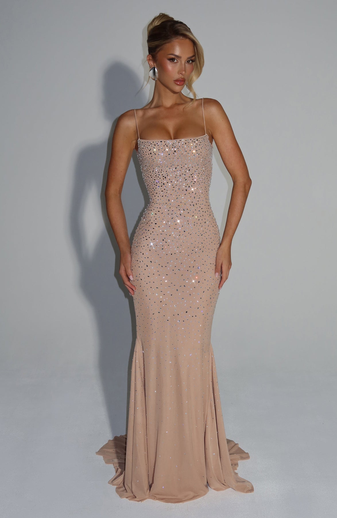 Rhinestone Embellished Spaghetti Strap Mermaid Maxi Gown 9