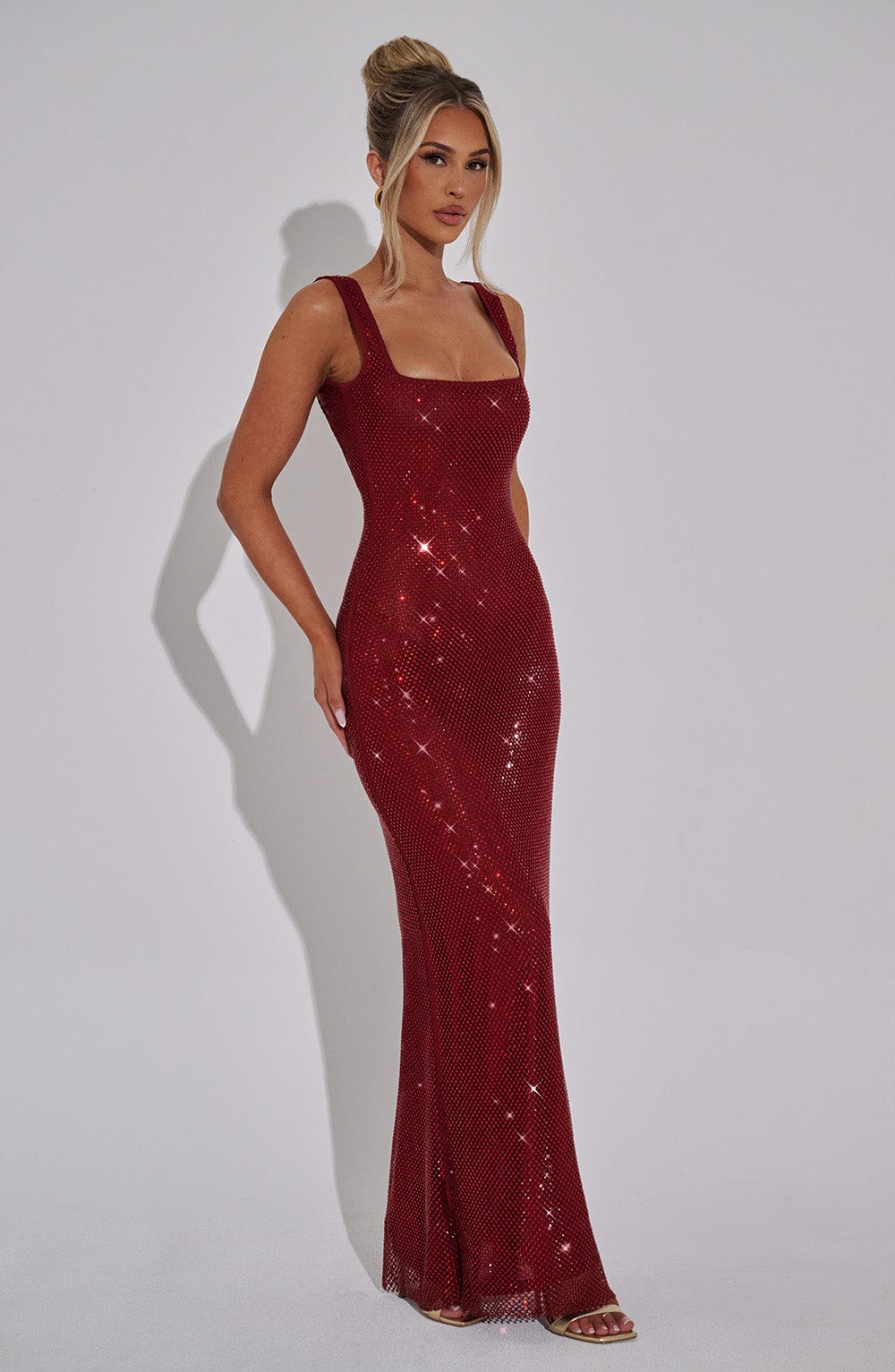 Rhinestone Mesh Square Neck Bodycon Maxi Dress 5