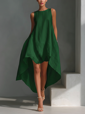 Round Neck Sleeveless High Low Linen Look Midi Dress 5