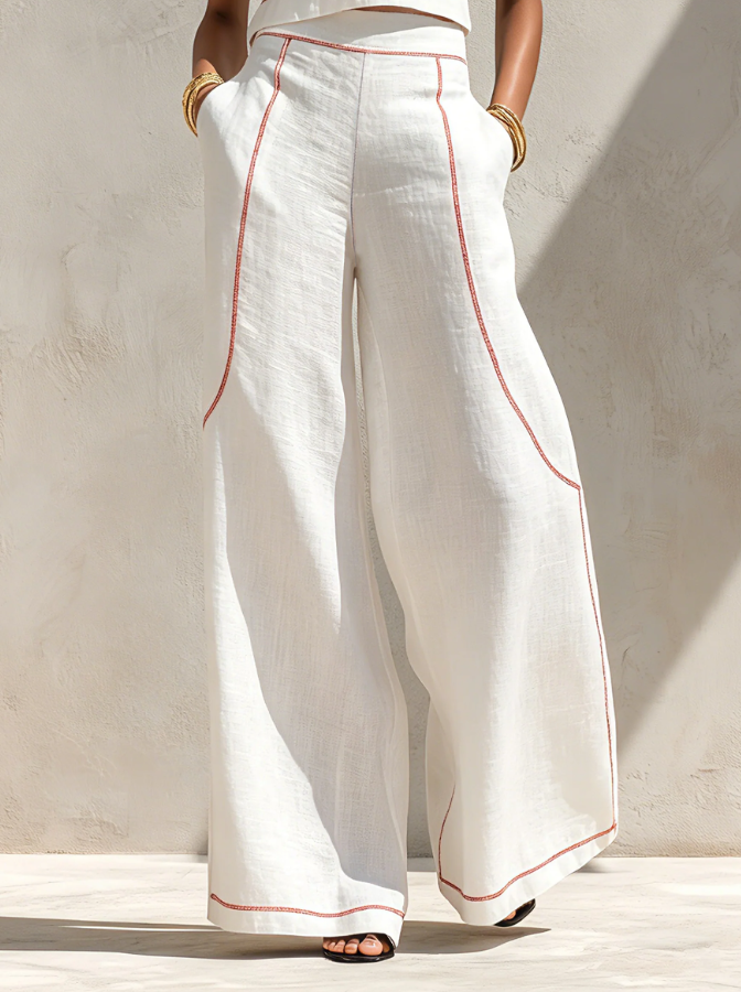 Minimalist Women's Linen-Blend Blouse and Wide-Leg Pants Set
