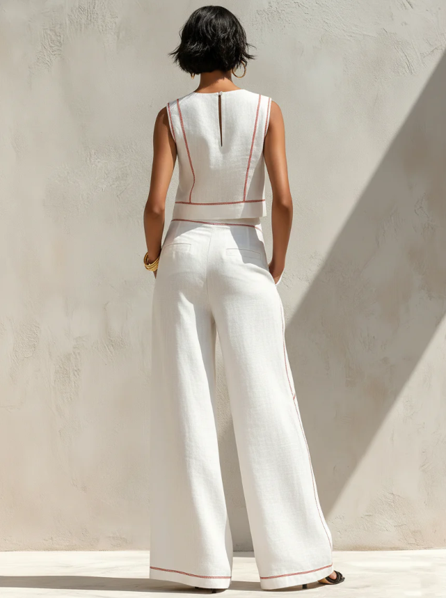 Minimalist Women's Linen-Blend Blouse and Wide-Leg Pants Set