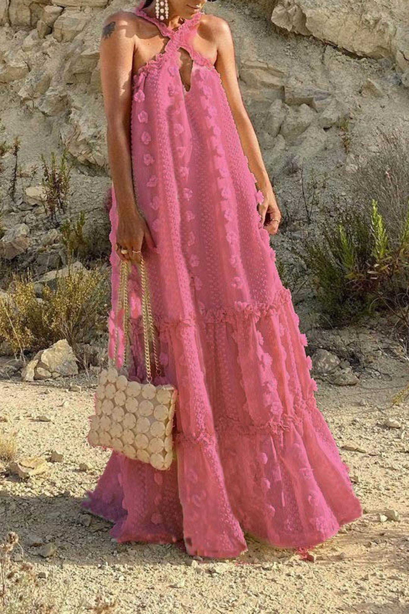 Appliqué Halter Neck Keyhole Tiered Maxi Dress 12