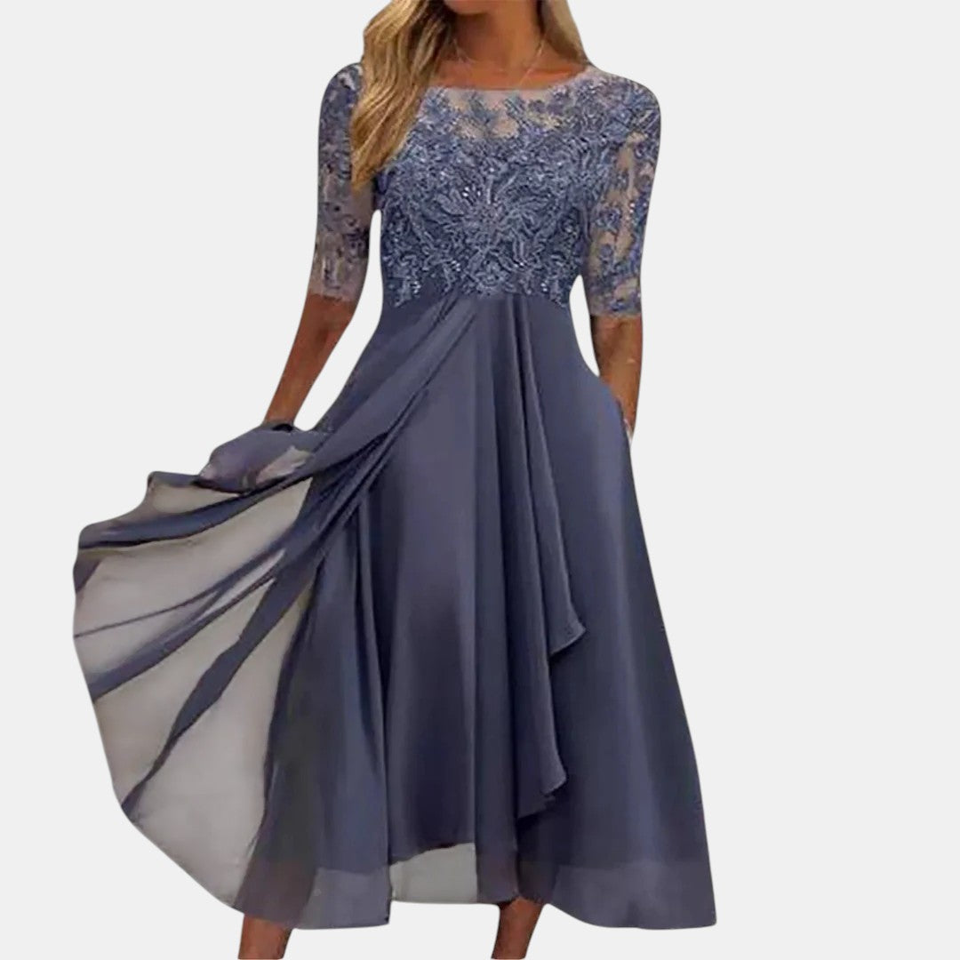 Lace Bodice Round Neck Half Sleeve Chiffon Midi Dress