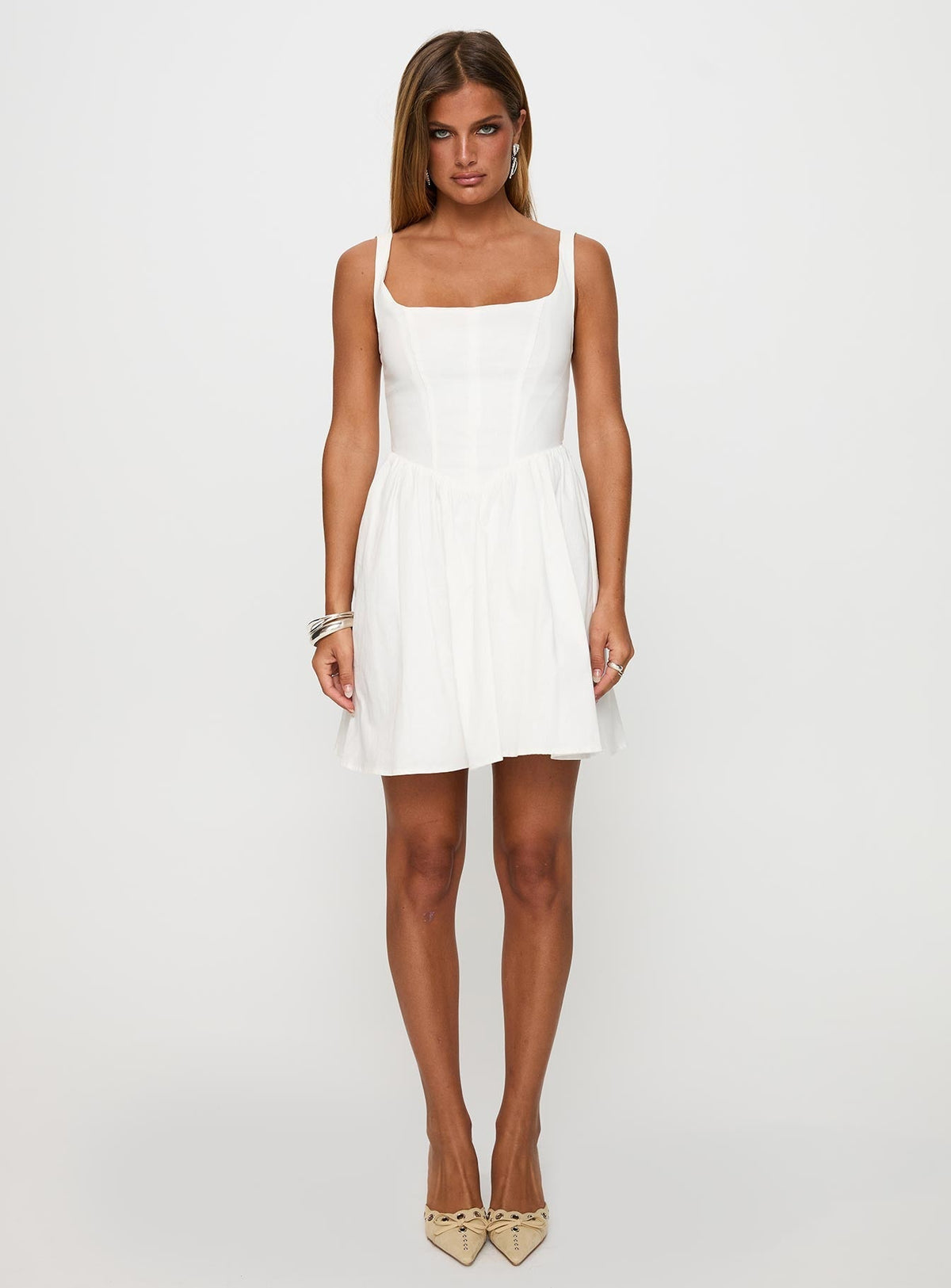 Square Neck Wide Strap Corset Bodice Basque Waist Fit and Flare Mini Dress 7