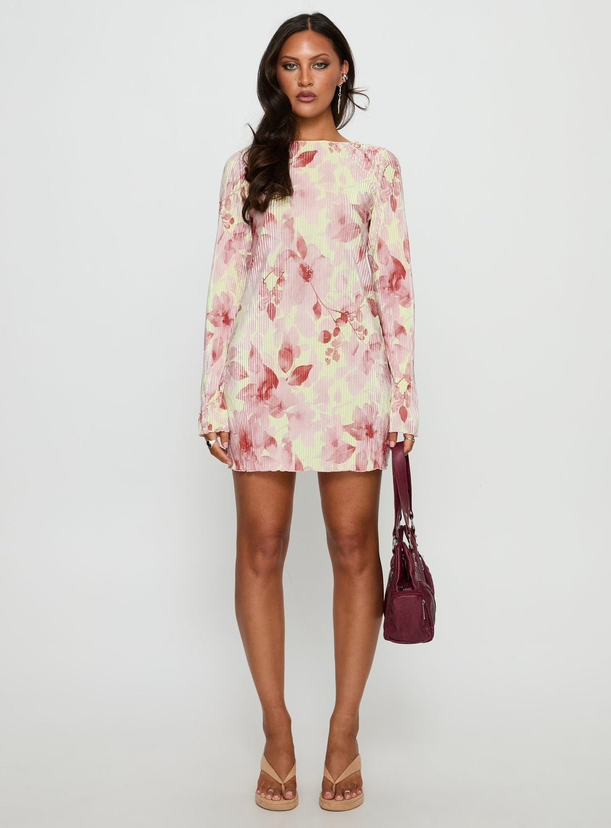 Floral Plisse Boat Neck Flared Long Sleeve Shift Mini Dress 6
