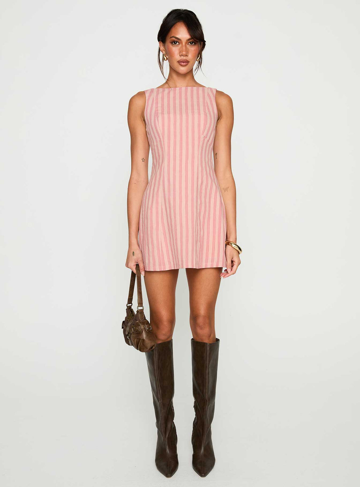 Striped Boat Neck Sleeveless Seamed A-Line Mini Dress 6