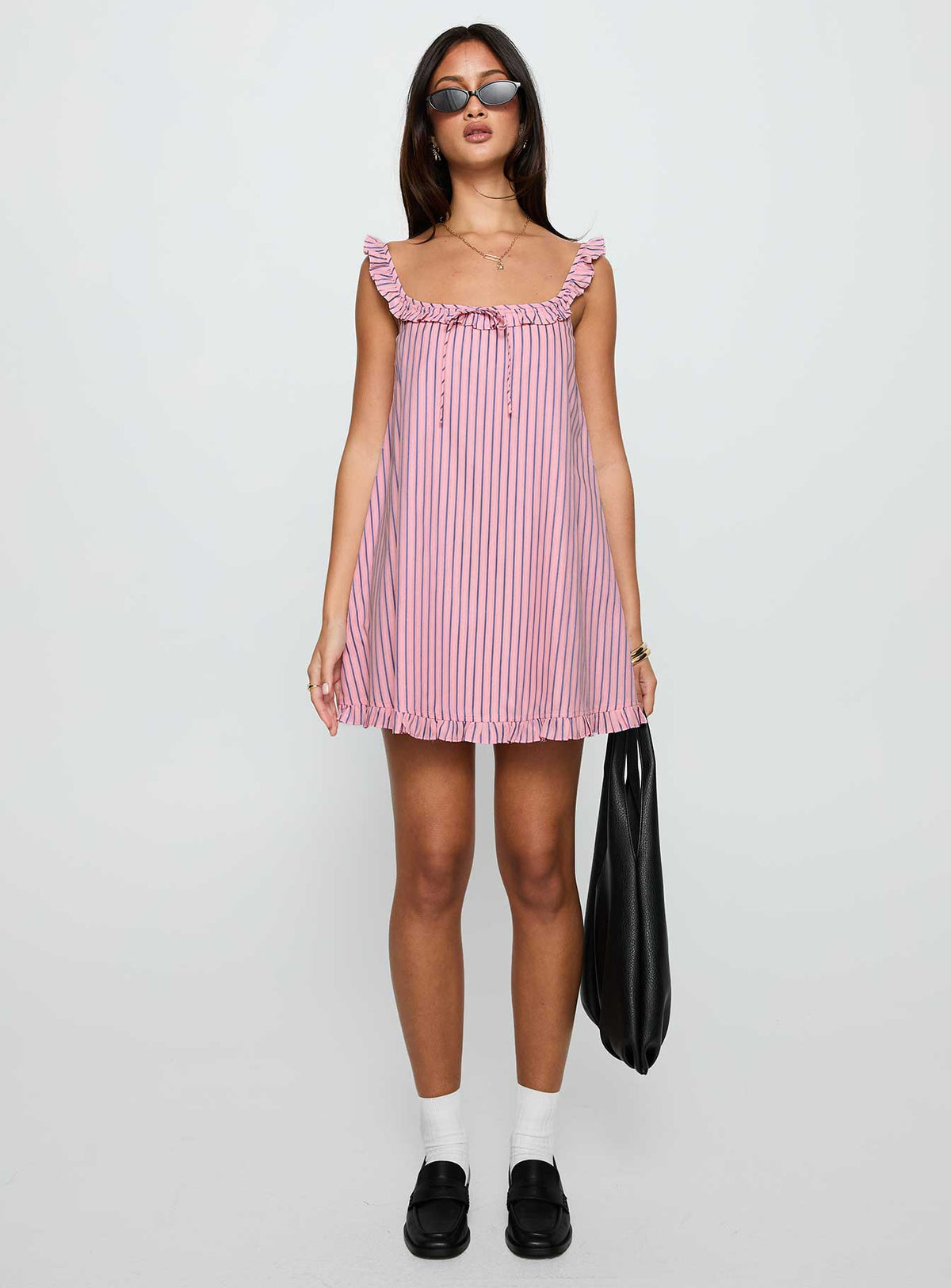 Striped Ruffle Trim Square Neck Tie Front Babydoll Mini Dress 7