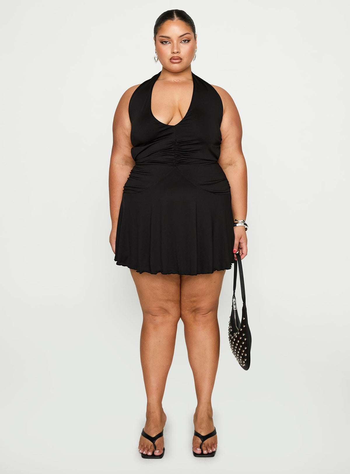 Plus Size Halter Deep V-Neck Ruched Lettuce Hem Flared Mini Dress 7