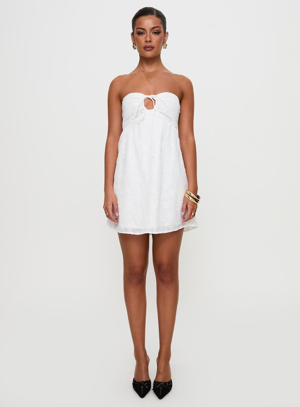 Embroidered Strapless Keyhole Tie Front Babydoll Mini Dress 10