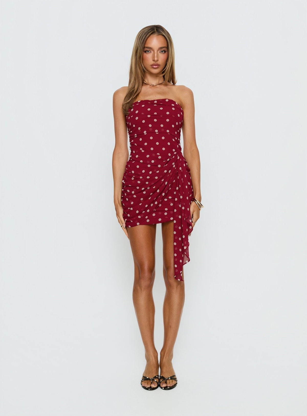 Polka Dot Mesh Strapless Ruched Draped Tie Side Mini Dress 6