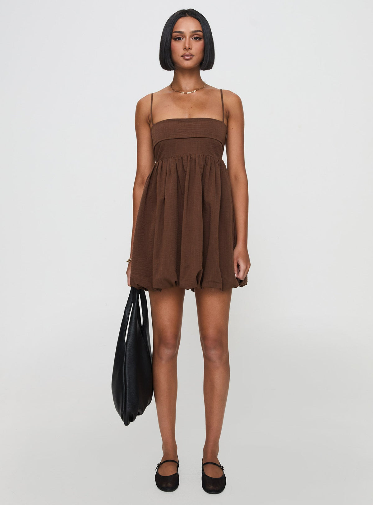 Spaghetti Strap Straight Neck Empire Waist Bubble Hem Mini Dress 7