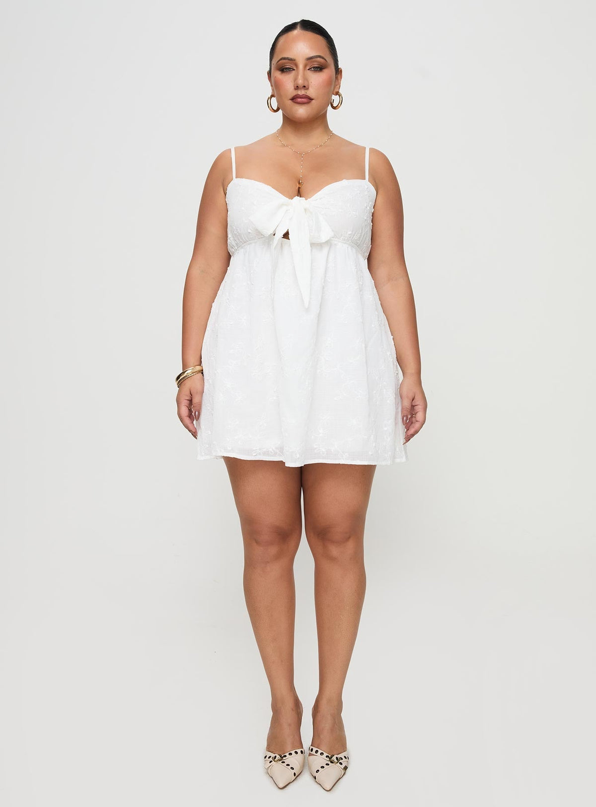 Embroidered Tie Front Bust Spaghetti Strap Babydoll Mini Dress 7
