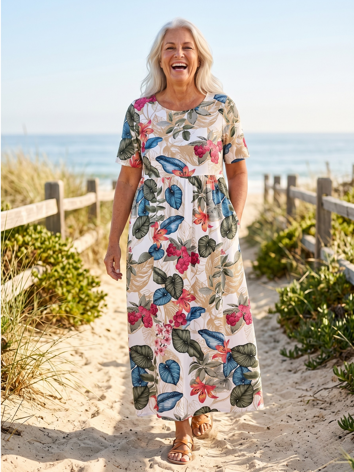 Tropical Floral Scoop Neck Short Sleeve Pocket Midi Dress