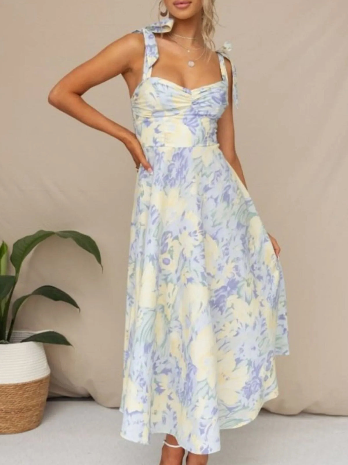 Floral Print Tie Shoulder Sweetheart A-Line Midi Dress