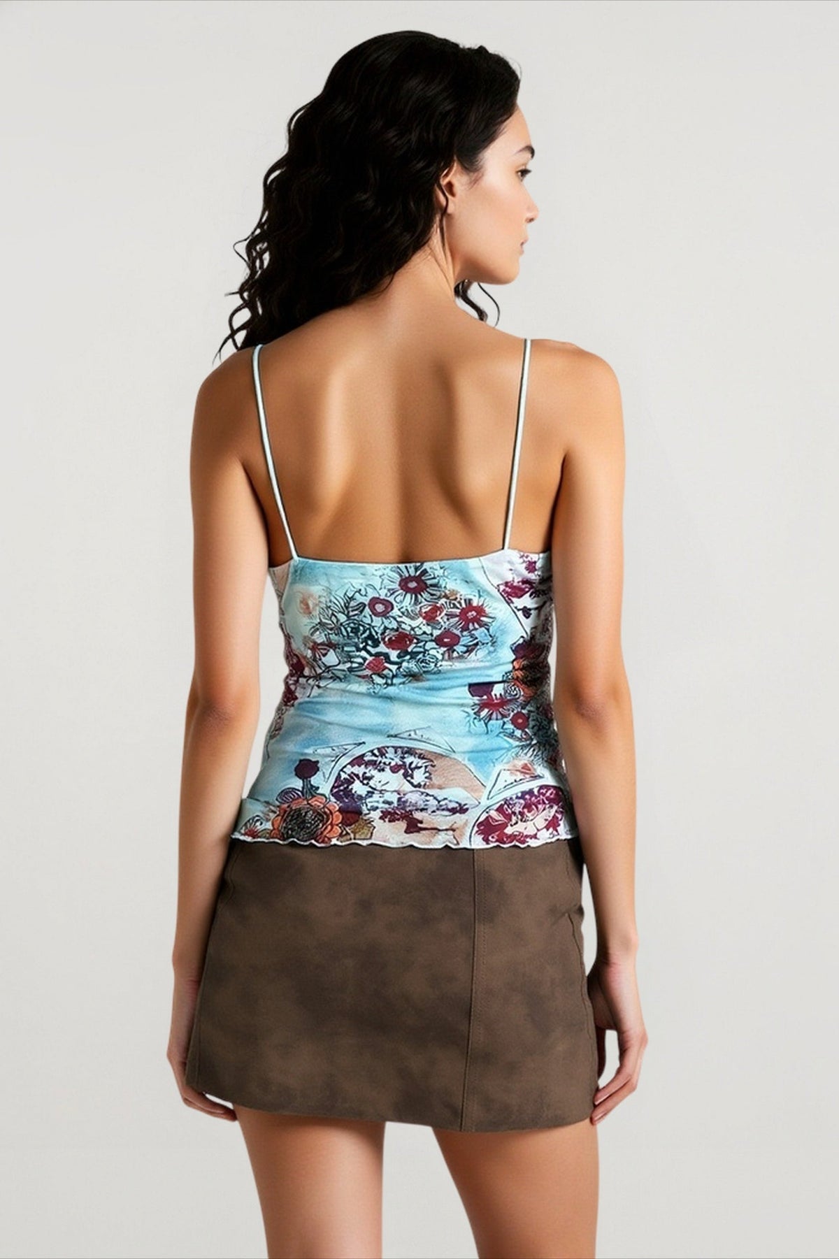 Floral Print Mesh Lace Trim V-Neck Lettuce Hem Cami Top 3