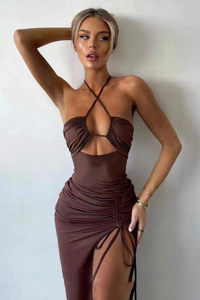 Alluring Halter Backless Cut Out Slit Maxi Dress