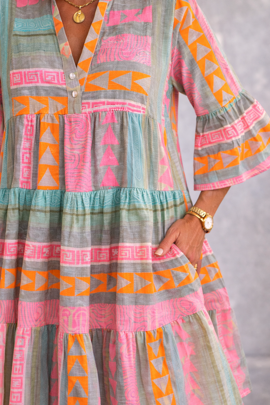 Geometric Print Split Neck Bell Sleeve Tiered Mini Dress Summer