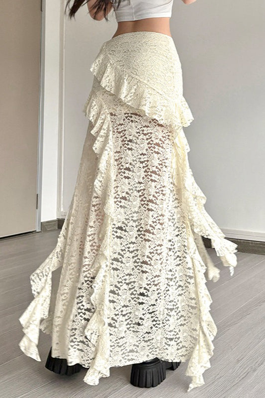 Lace Overlay Wave Detail Bodycon Skirt