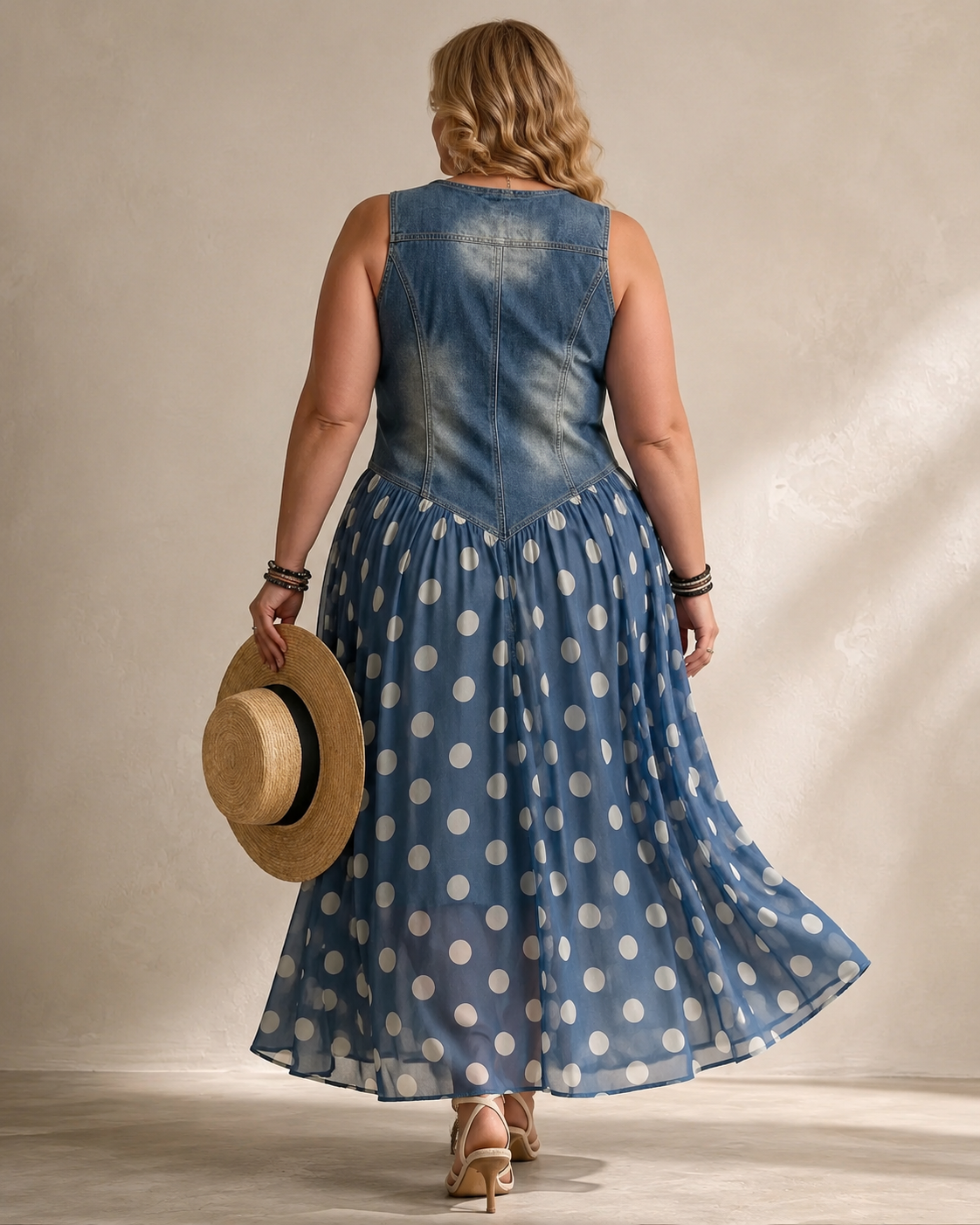 Denim Bodice V-Neck Sleeveless Polka Dot Maxi Dress