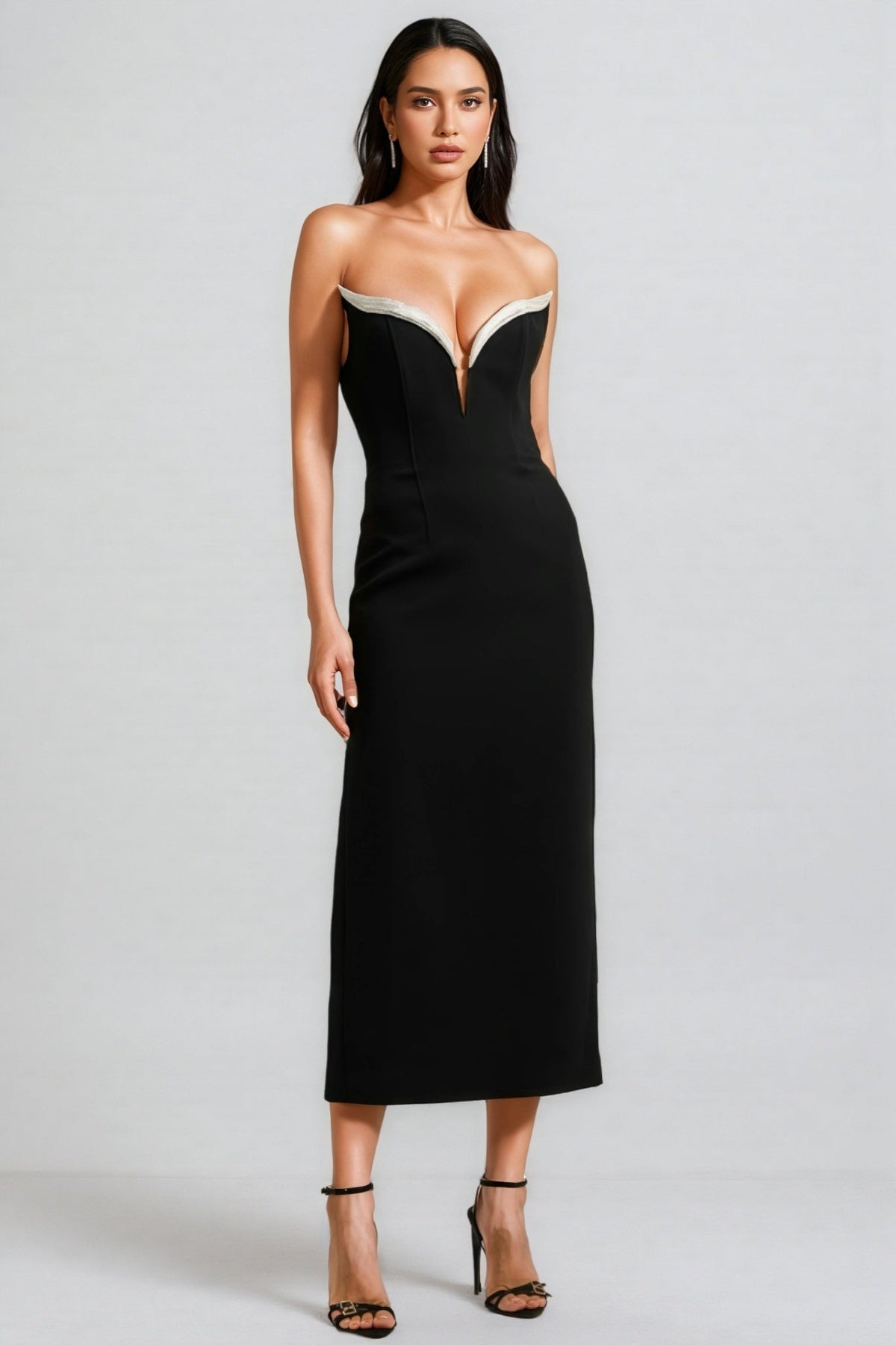 Strapless Plunge Sweetheart Contrast Trim Column Midi Dress