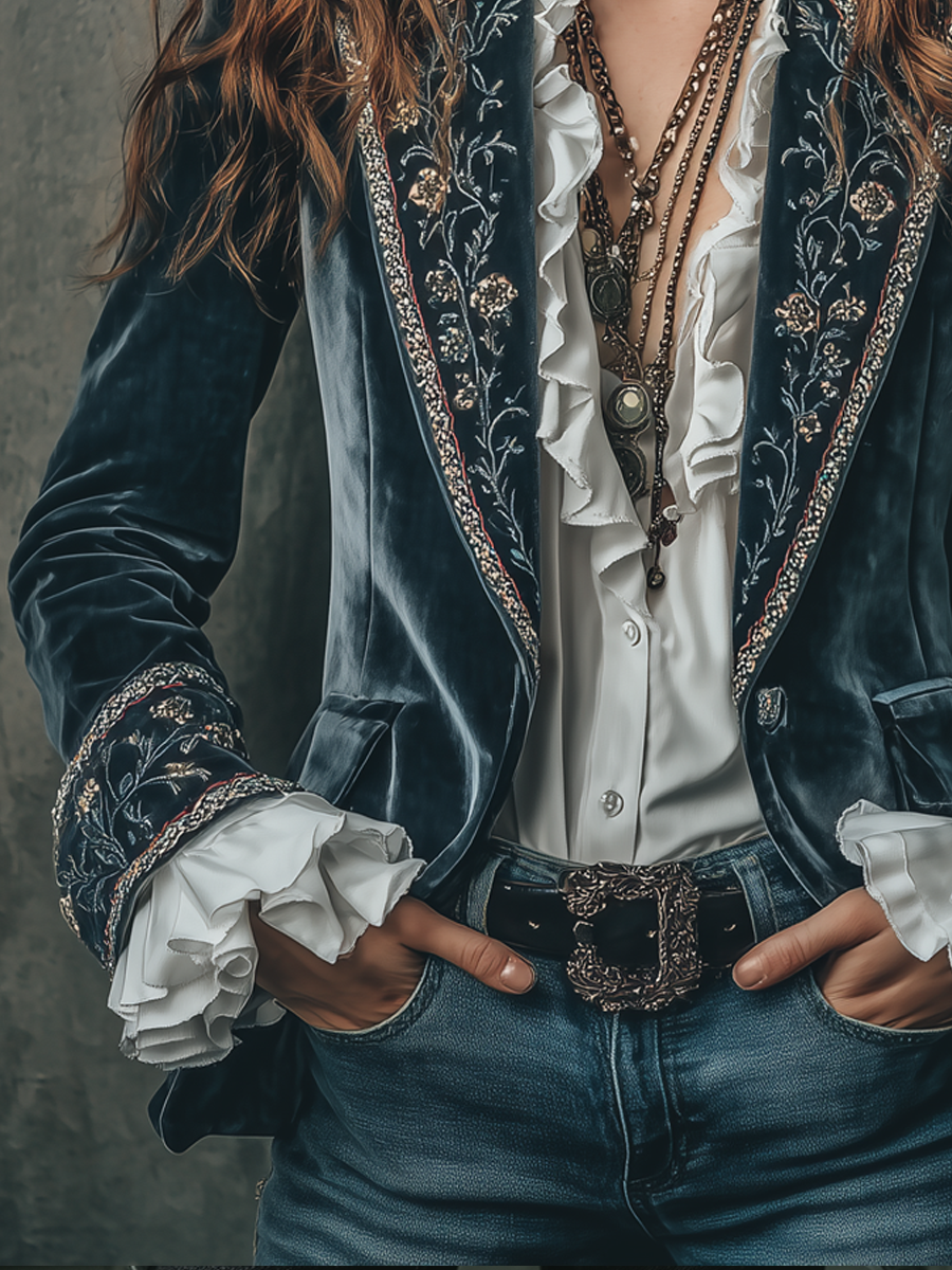 Floral Embroidered Velvet Notch Lapel Blazer