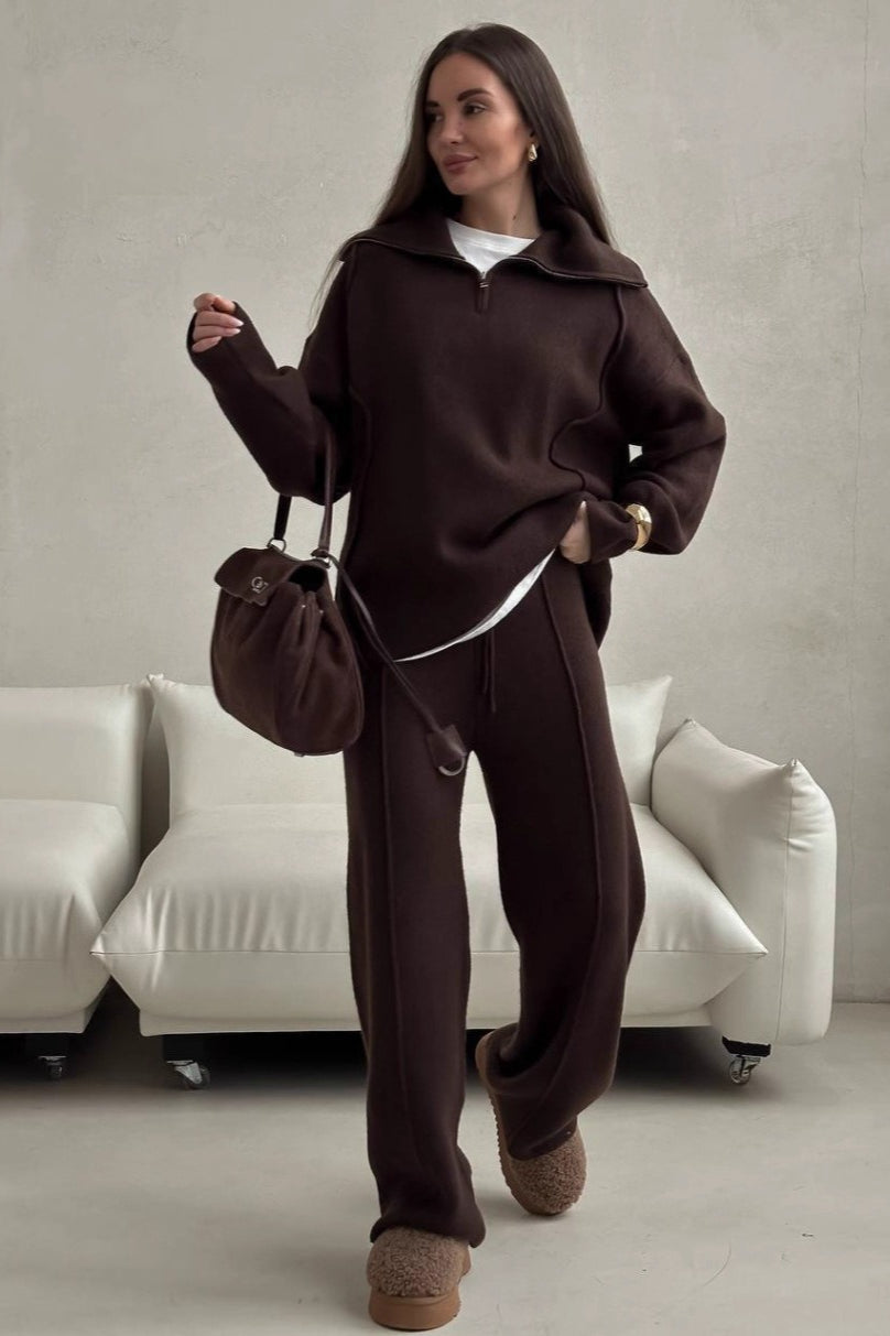 Turtleneck Half Zip Solid Pants Two Piece Set