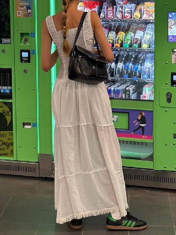 Square Neck Sleeveless Button Front Ruffle Hem Drop Waist Maxi Dress 2