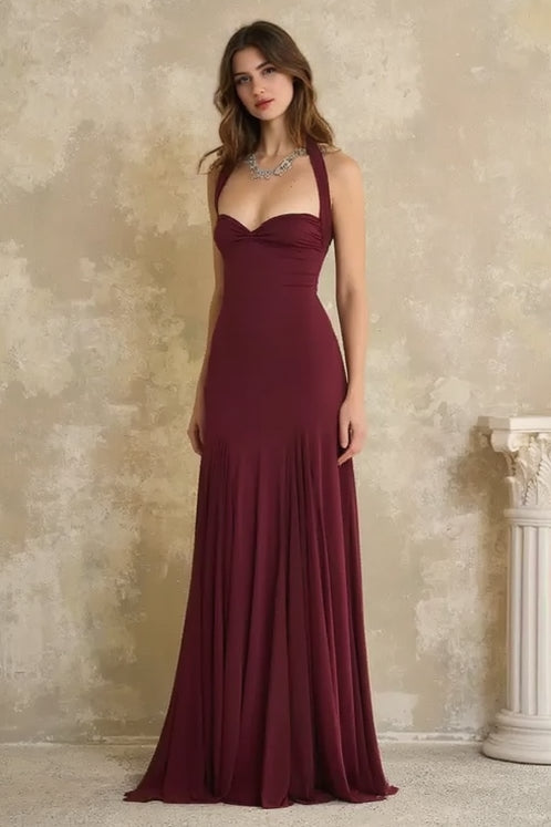 Elegant Halter Bandeau Fitted Backless Floor Length Party Dress