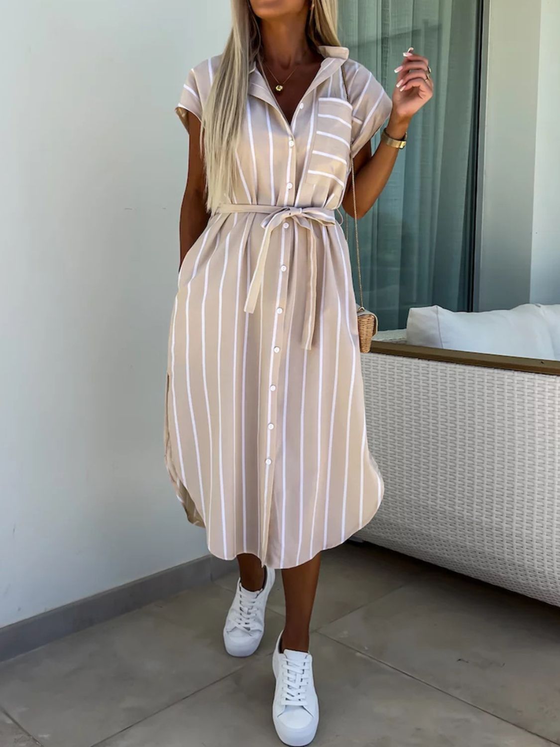 Elevated Charlotte Striped Midi Dress with Buttons Everyday Luxe Edit