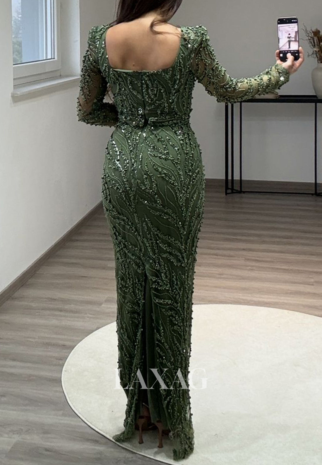 Square-Neck Long Sleeves Pleated Mermaid Prom Dress Beaded Sequined Floor-Length Evening Gowns